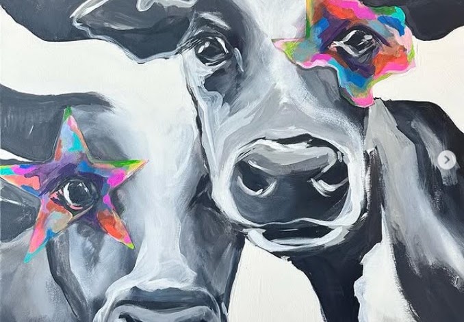 Painting of two cows, one with a colorful star over its eye, one with a colorful patch
