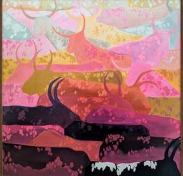 Painting of two cows with colorful star and patch details