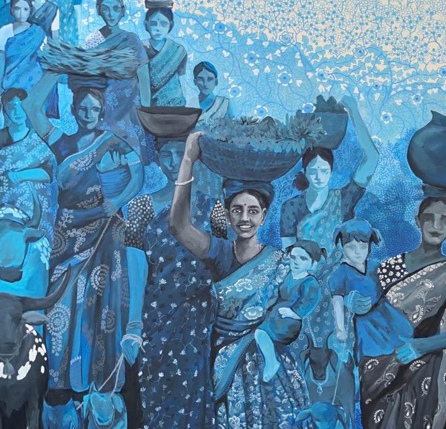 Blue-toned painting of women carrying baskets and pots, with cattle